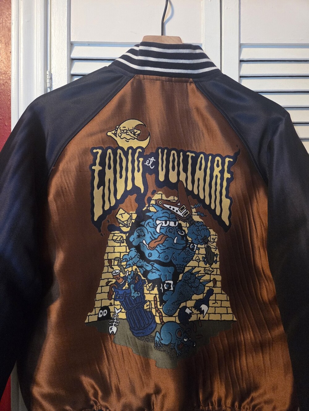 Zadig & Voltaire Satin Bomber Jacket in Brown and Black with Graphic Back -Sz SM - Picture 2 of 13